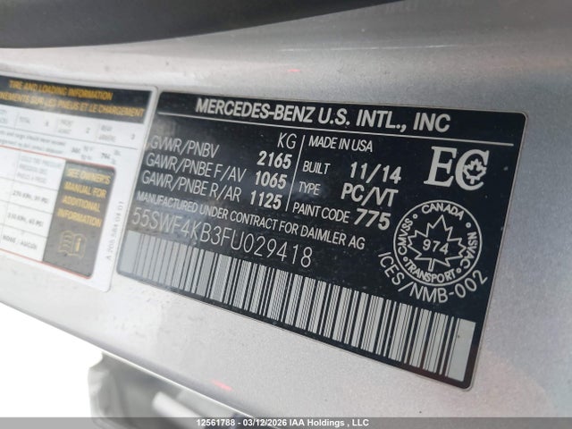 12561788 :رقم المزاد ، 55SWF4KB3FU029418 vin ، 2015 Mercedes-benz C 300 4matic مزاد بيع