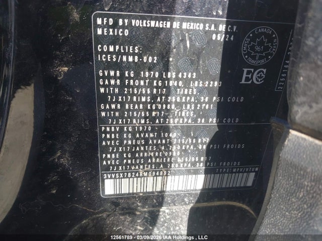 12561789 :رقم المزاد ، 3VVSX7B24RM094892 vin ، 2024 Volkswagen Taos Se مزاد بيع