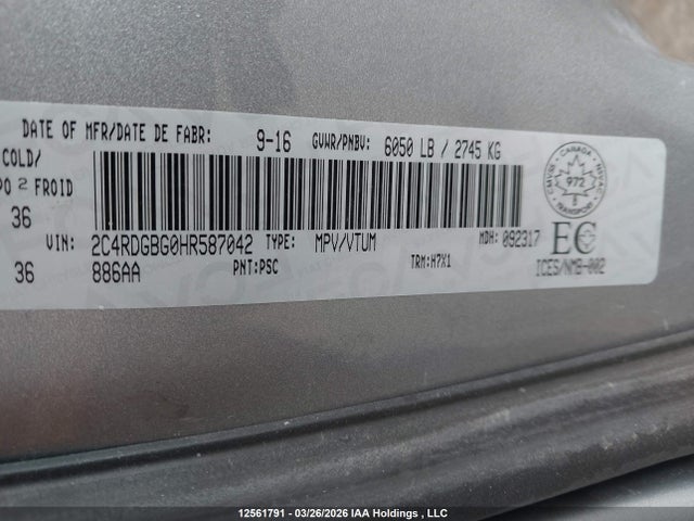 Auction sale of the 2017 Dodge Grand Caravan, vin: 2C4RDGBG0HR587042, lot number: 12561791