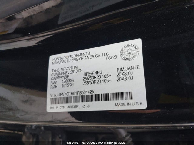 5FNYG1H81PB501425 Honda Pilot Black Edition