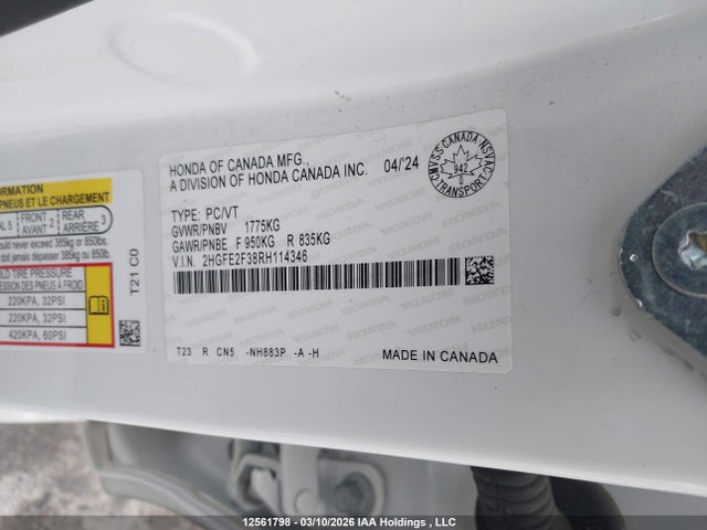 Продаж на аукціоні авто 2024 Honda Civic, vin: 2HGFE2F38RH114346, номер лоту: 12561798
