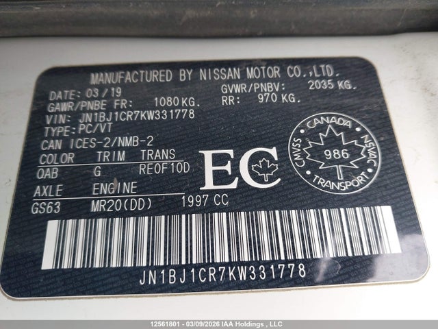 JN1BJ1CR7KW331778 Nissan Rogue Sport S/sv/sl