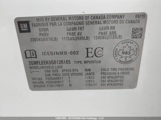 12561805 :رقم المزاد ، 2GNFLEEK0G6126165 vin ، 2016 Chevrolet Equinox Ls مزاد بيع