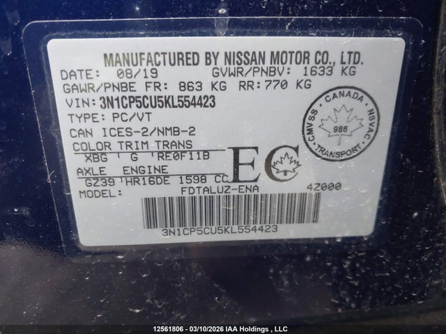 3N1CP5CU5KL554423 Nissan Kicks S/sr/sv
