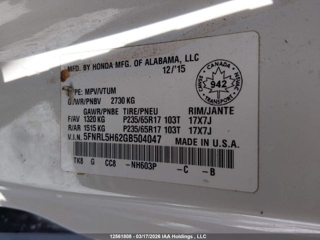 5FNRL5H62GB504047 Honda Odyssey Ex-l