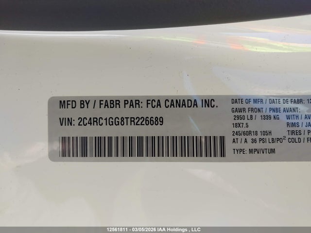 Aukcja sprzedaży 2026 Chrysler Pacifica Limited, vin: 2C4RC1GG8TR226689, numer aukcji: 12561811