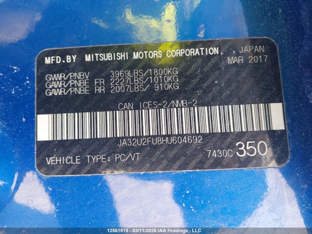 Продажа на аукционе авто 2017 Mitsubishi Lancer Es/se Anniversary Edition/se Black Edition/se Ltd, vin: JA32U2FU8HU604692, номер лота: 12561815