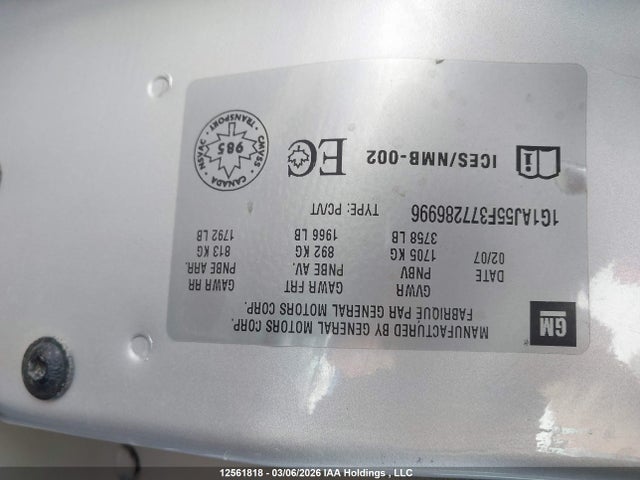 Продаж на аукціоні авто 2007 Chevrolet Cobalt Ls, vin: 1G1AJ55F377286996, номер лоту: 12561818