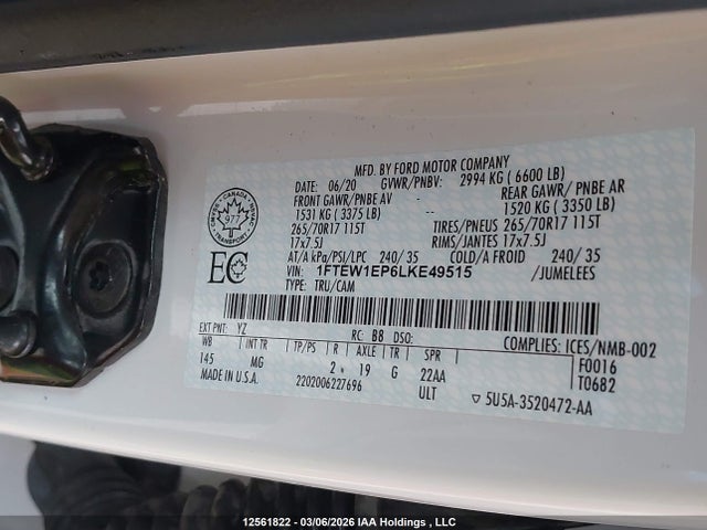 Продаж на аукціоні авто 2020 Ford F150 Supercrew, vin: 1FTEW1EP6LKE49515, номер лоту: 12561822
