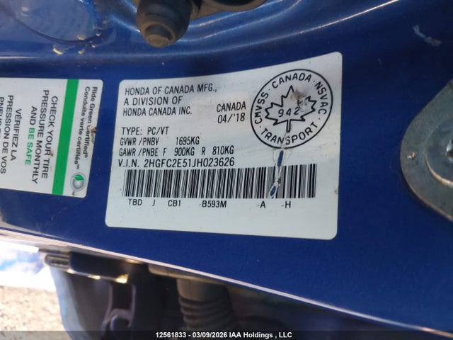 Продажа на аукционе авто 2018 Honda Civic Lx, vin: 2HGFC2E51JH023626, номер лота: 12561833