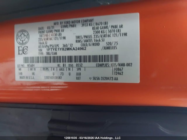 12561835 :رقم المزاد ، 1FTYE1Y82MKA24962 vin ، 2021 Ford Transit T-150 مزاد بيع