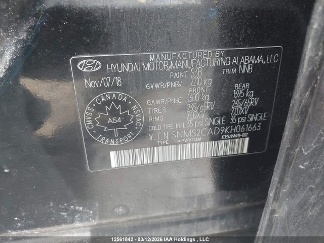 12561842 :رقم المزاد ، 5NMS2CAD9KH061663 vin ، 2019 Hyundai Santa Fe Essential مزاد بيع