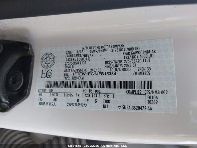 2018 Ford F150 Supercrew მანქანა იყიდება აუქციონზე, vin: 1FTEW1EG1JFB15334, აუქციონის ნომერი: 12561845