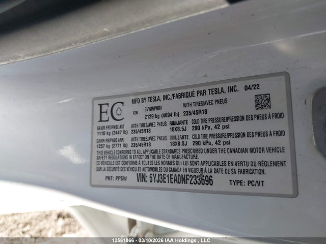 2022 Tesla Model 3 Rwd/standard Range მანქანა იყიდება აუქციონზე, vin: 5YJ3E1EA0NF233696, აუქციონის ნომერი: 12561866