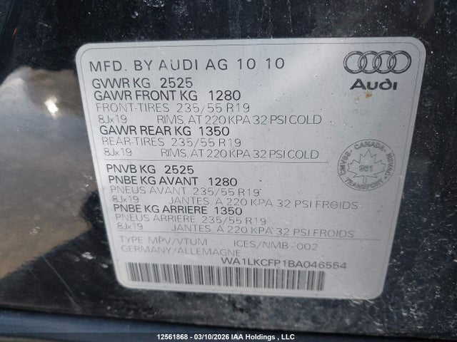 Aukcja sprzedaży 2011 Audi Q5 3.2 Premium, vin: WA1LKCFP1BA046554, numer aukcji: 12561868