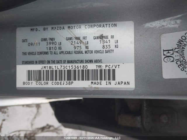 Aukcja sprzedaży 2012 Mazda 3 I, vin: JM1BL1L73C1536180, numer aukcji: 12561869