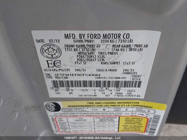 12561877 :رقم المزاد ، 1FTFW1EF0CFC43062 vin ، 2012 Ford F150 Supercrew مزاد بيع