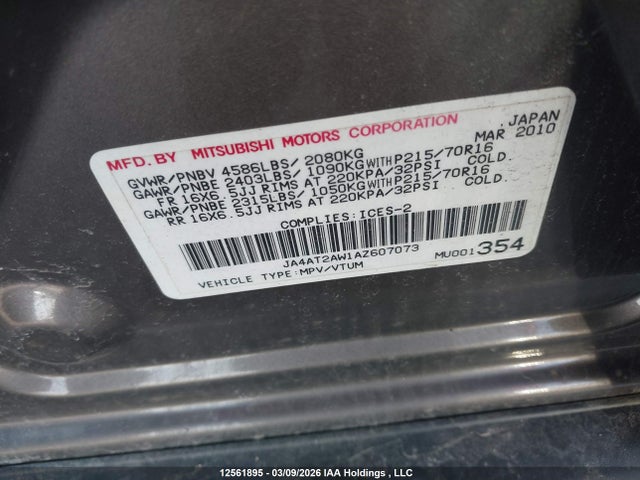 Aukcja sprzedaży 2010 Mitsubishi Outlander Es, vin: JA4AT2AW1AZ607073, numer aukcji: 12561895