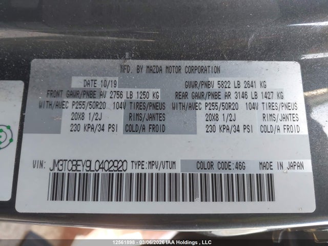 Aukcja sprzedaży 2020 Mazda Cx-9 Signature, vin: JM3TCBEY9L0402920, numer aukcji: 12561898