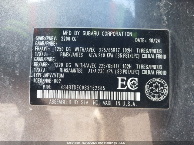 2025 Subaru Outback Touring მანქანა იყიდება აუქციონზე, vin: 4S4BTDEC0S3162685, აუქციონის ნომერი: 12561899