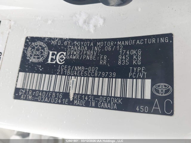 12561901 :رقم المزاد ، 2T1BU4EE5CC879739 vin ، 2012 Toyota Corolla Ce مزاد بيع