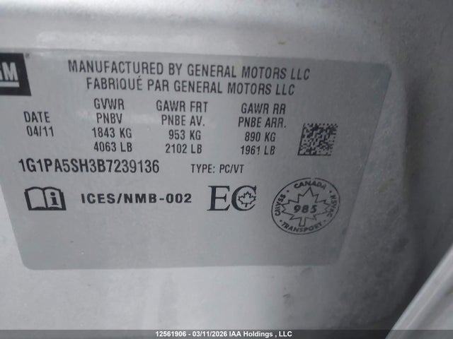 Продажа на аукционе авто 2011 Chevrolet Cruze, vin: 1G1PA5SH3B7239136, номер лота: 12561906