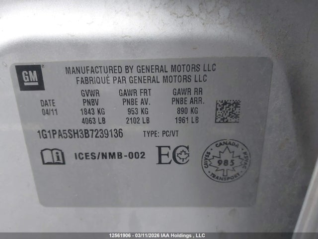 Продажа на аукционе авто 2011 Chevrolet Cruze, vin: 1G1PA5SH3B7239136, номер лота: 12561906