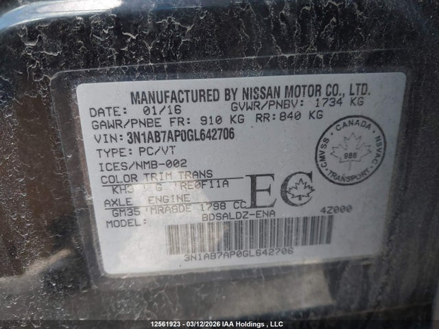 Продаж на аукціоні авто 2016 Nissan Sentra, vin: 3N1AB7AP0GL642706, номер лоту: 12561923