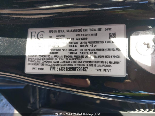 Aukcja sprzedaży 2022 Tesla Model 3, vin: 5YJ3E1EB9NF298457, numer aukcji: 12561931