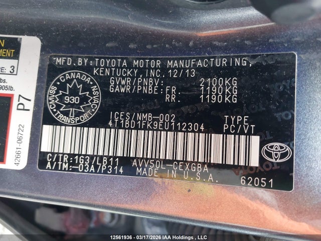 12561936 :رقم المزاد ، 4T1BD1FK9EU112304 vin ، 2014 Toyota Camry Hybrid Xle مزاد بيع