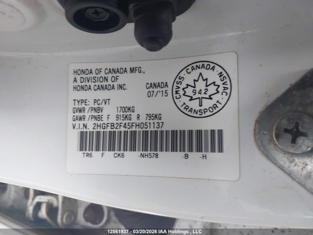 Aukcja sprzedaży 2015 Honda Civic, vin: 2HGFB2F45FH051137, numer aukcji: 12561937