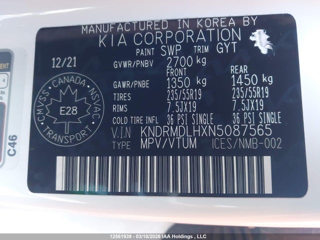 KNDRMDLHXN5087565 KIA SORENTO HYBRID