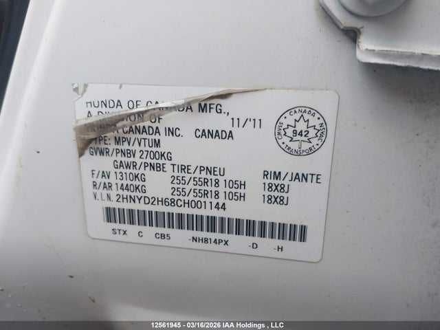 Aukcja sprzedaży 2012 Acura Mdx Advance, vin: 2HNYD2H68CH001144, numer aukcji: 12561945