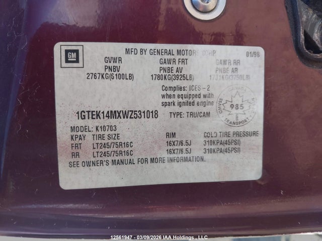 Aukcja sprzedaży 1998 Gmc Sierra K1500, vin: 1GTEK14MXWZ531018, numer aukcji: 12561947