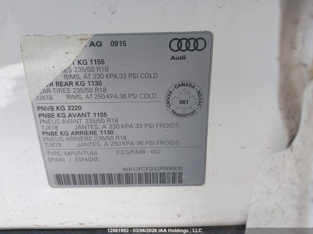 Aukcja sprzedaży 2016 Audi Q3 4p Ti, vin: WA1JFCFS0GR006930, numer aukcji: 12561952