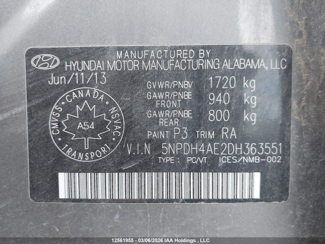Продаж на аукціоні авто 2013 Hyundai Elantra L, vin: 5NPDH4AE2DH363551, номер лоту: 12561955