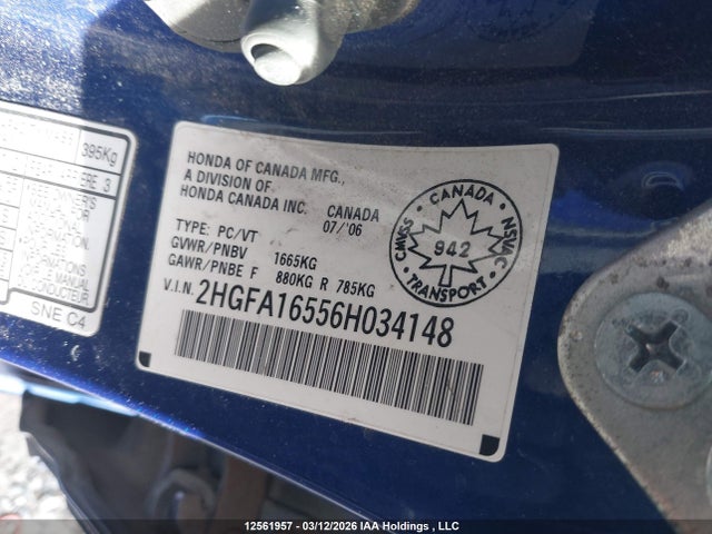 Aukcja sprzedaży 2006 Honda Civic Lx, vin: 2HGFA16556H034148, numer aukcji: 12561957