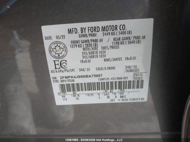 Aukcja sprzedaży 2022 Ford Edge Sel, vin: 2FMPK4J99NBA75987, numer aukcji: 12561965