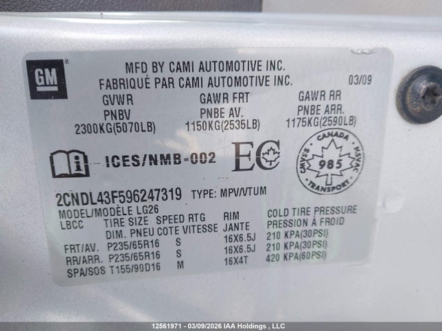 Продаж на аукціоні авто 2009 Chevrolet Equinox Lt, vin: 2CNDL43F596247319, номер лоту: 12561971