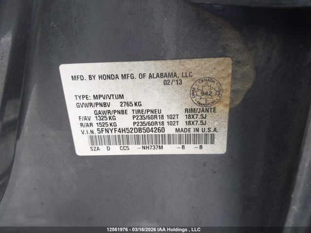 2013 Honda Pilot Exl მანქანა იყიდება აუქციონზე, vin: 5FNYF4H52DB504260, აუქციონის ნომერი: 12561976