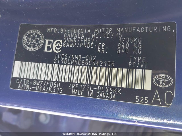 2016 Toyota Corolla L/le/le Pls/prm/s/s Pls მანქანა იყიდება აუქციონზე, vin: 2T1BURHE9GC543106, აუქციონის ნომერი: 12561981