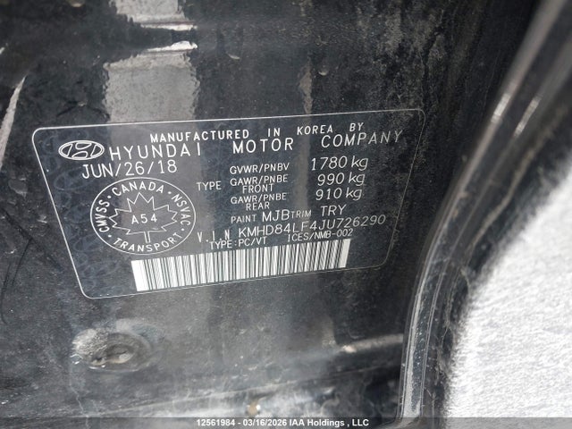 KMHD84LF4JU726290 Hyundai Elantra Sel/value/limited