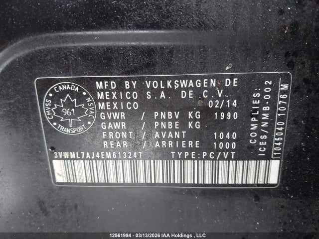 12561994 :رقم المزاد ، 3VWML7AJ4EM613247 vin ، 2014 Volkswagen Golf 2.0 Tdi Comfortline/2.0 Tdi Highline/2.0 Tdi Trendline/2.0 Tdi Wolfsburg Edition مزاد بيع