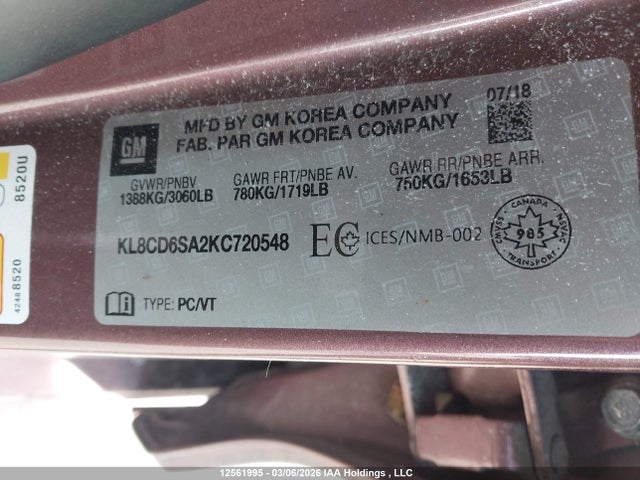 Aukcja sprzedaży 2019 Chevrolet Spark 1lt Cvt, vin: KL8CD6SA2KC720548, numer aukcji: 12561995