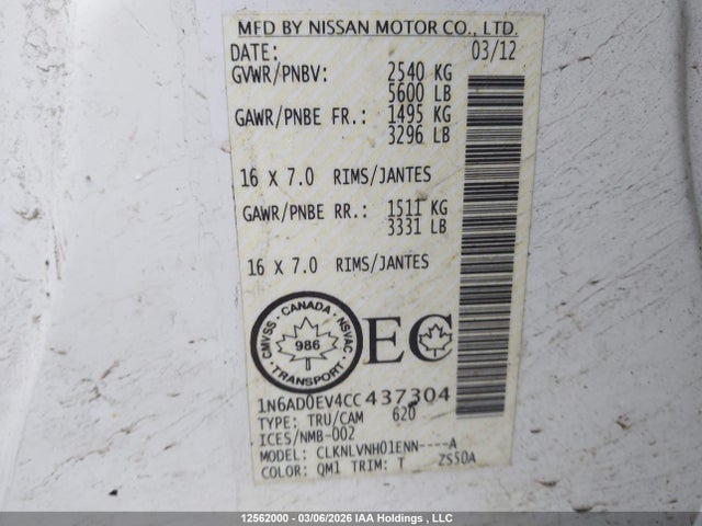 Продаж на аукціоні авто 2012 Nissan Frontier Pro-4x, vin: 1N6AD0EV4CC437304, номер лоту: 12562000