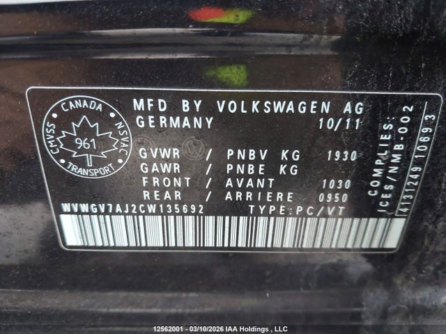 12562001 :رقم المزاد ، WVWGV7AJ2CW135692 vin ، 2012 Volkswagen Golf Gti 5-door مزاد بيع