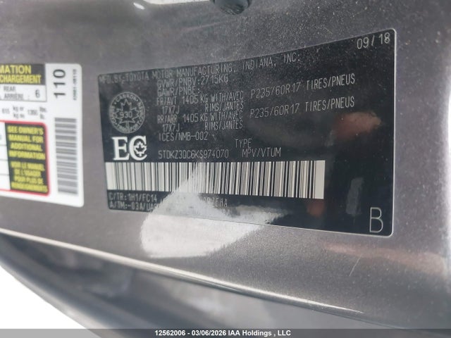 Aukcja sprzedaży 2019 Toyota Sienna Le, vin: 5TDKZ3DC6KS974070, numer aukcji: 12562006