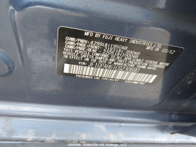 Продажа на аукционе авто 2012 Subaru Impreza 2.0i Limited Package, vin: JF1GPAH61CG230690, номер лота: 12562009