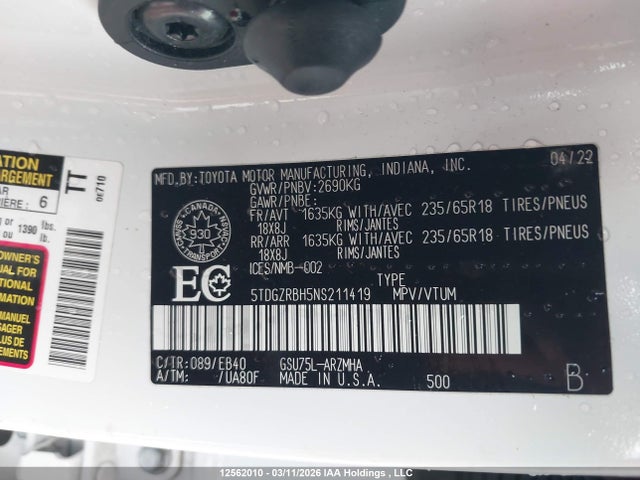 5TDGZRBH5NS211419 Toyota Highlander Xle