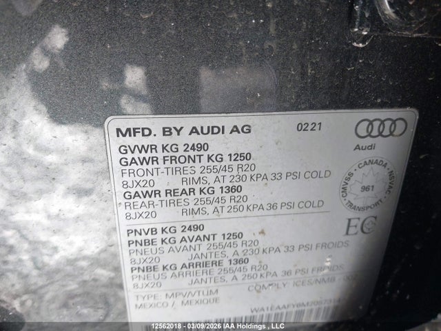 Aukcja sprzedaży 2021 Audi Q5 Progressiv, vin: WA1EAAFY6M2057314, numer aukcji: 12562018
